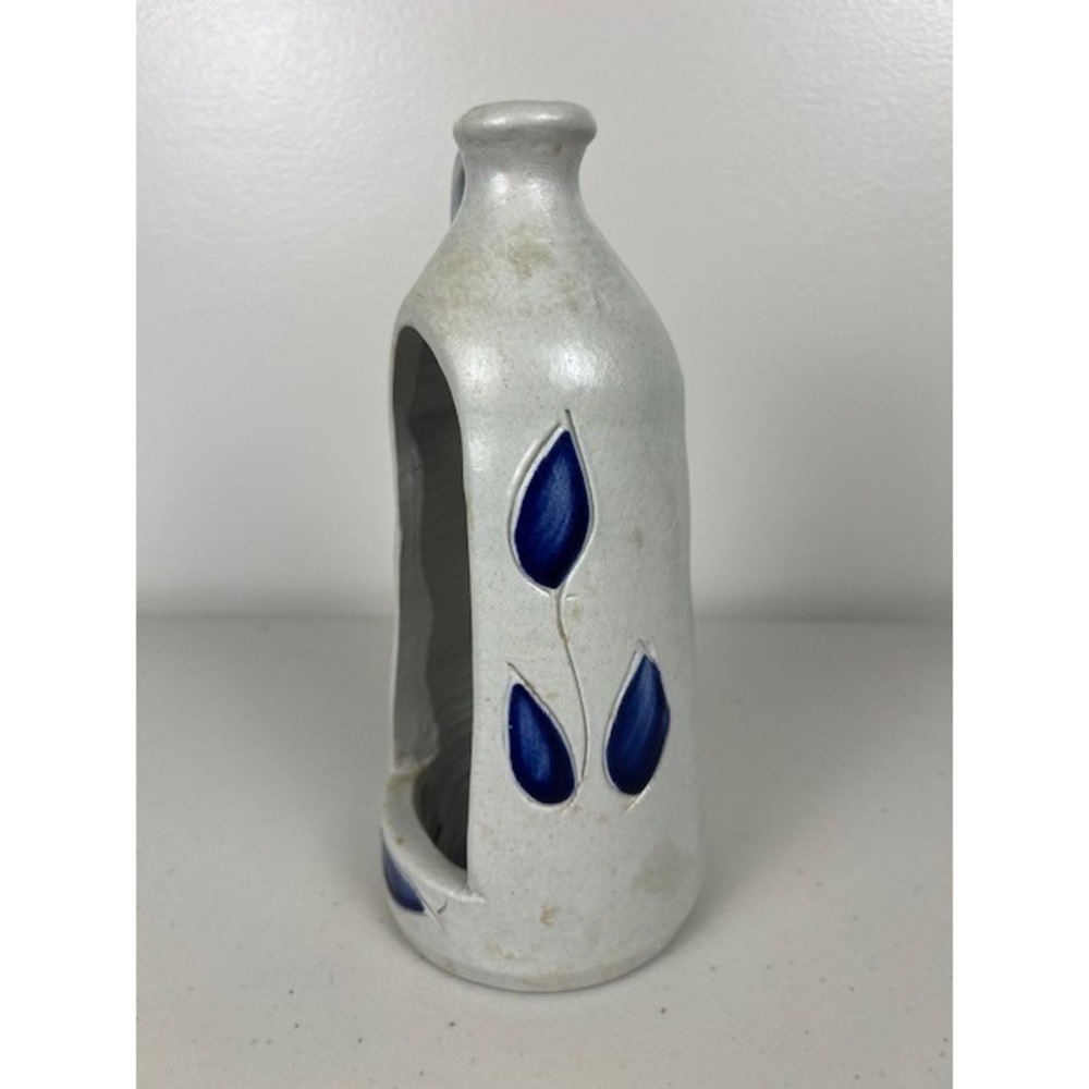 Williamsburg Pottery Salt Glazed Stoneware Jug Candle Holder Cobalt Blue Leaf